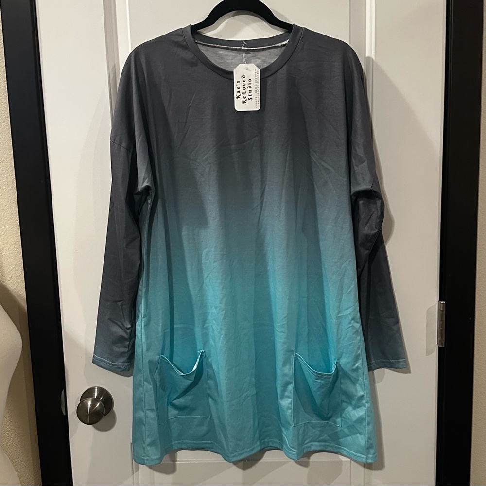 Modern Gradient Statement Blouse | Teal & Gray Long Sleeve with Pockets | XL